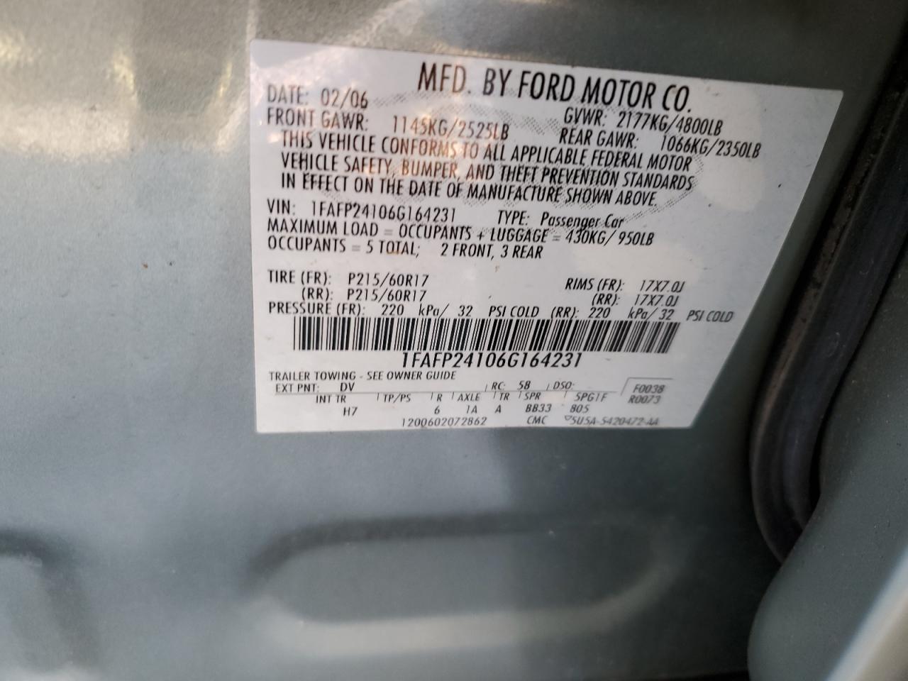 2006 Ford Five Hundred Sel VIN: 1FAFP24106G164231 Lot: 93201655