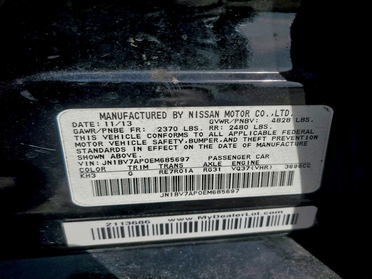 2014 Infiniti Q50 Base VIN: JN1BV7AP0EM685697 Lot: 93828555