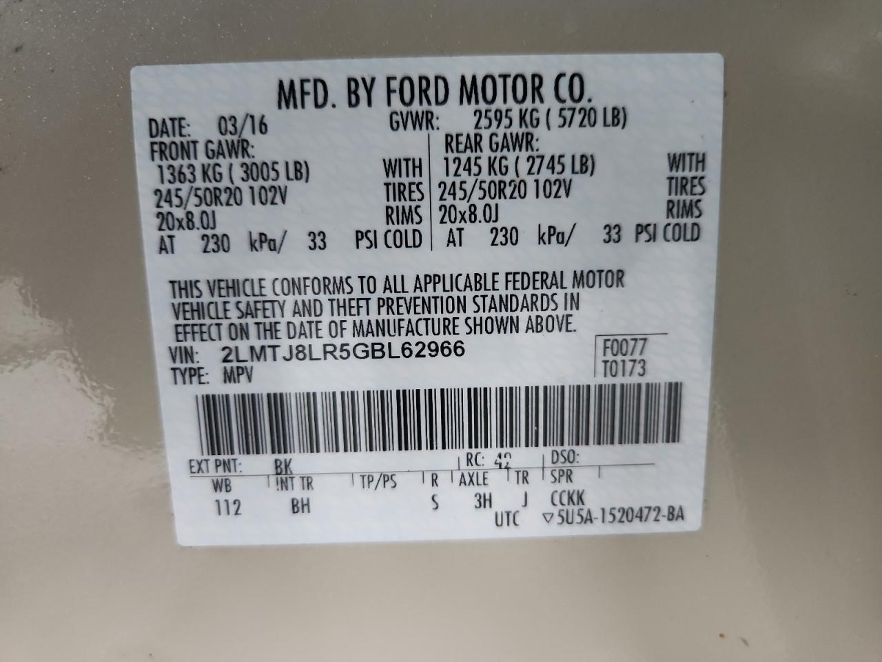 2016 Lincoln Mkx Reserve VIN: 2LMTJ8LR5GBL62966 Lot: 93606135