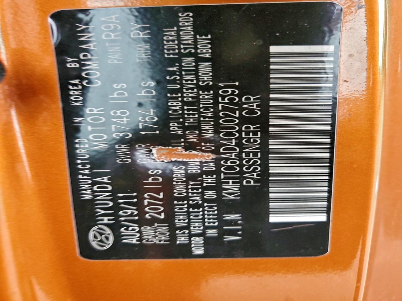 2012 Hyundai Veloster VIN: KMHTC6AD4CU027591 Lot: 94083285