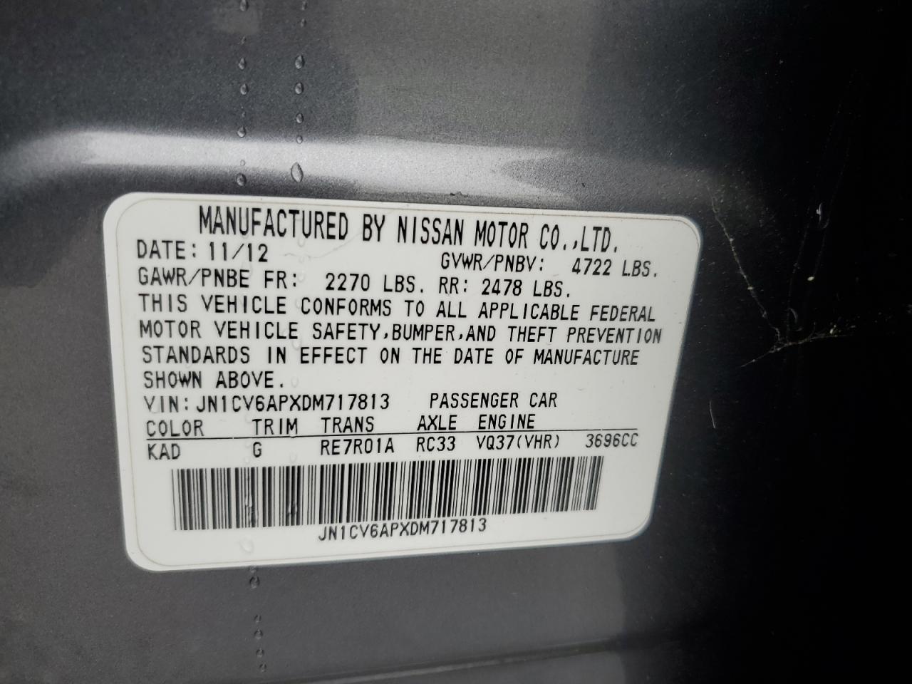 2013 Infiniti G37 Base VIN: JN1CV6APXDM717813 Lot: 93030275