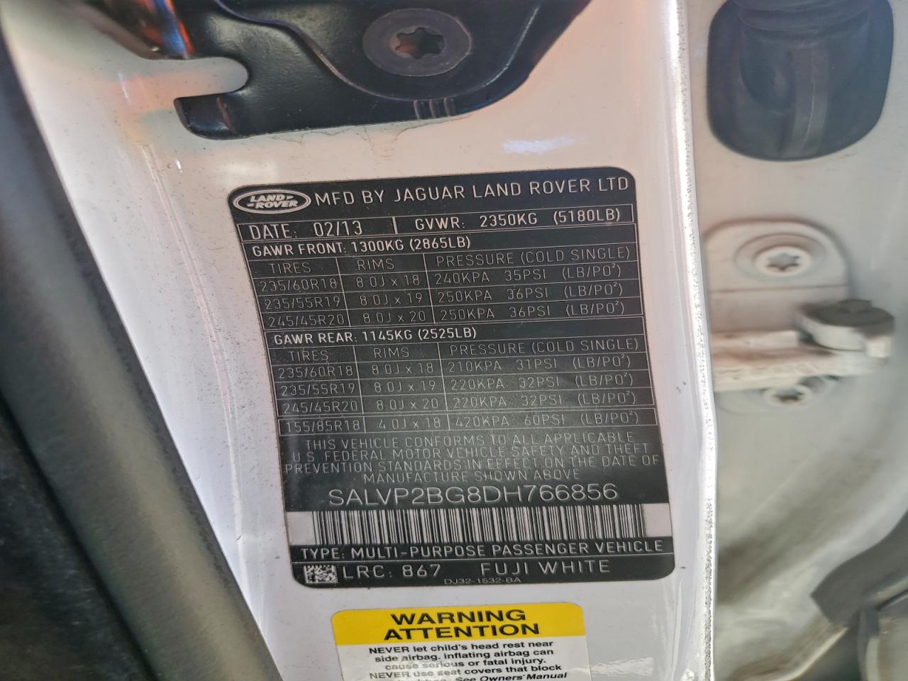 2013 Land Rover Range Rover Evoque Pure Plus VIN: SALVP2BG8DH766856 Lot: 94239135