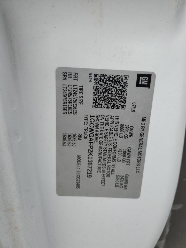 2019 Chevrolet Express G2500 Delivery Van VIN: 1GCWGAFP2K1367219 Lot: 91998515