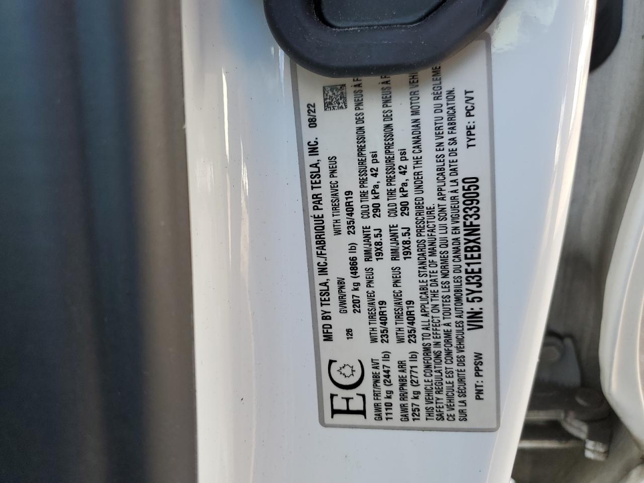 2022 Tesla Model 3 VIN: 5YJ3E1EBXNF339050 Lot: 89672475