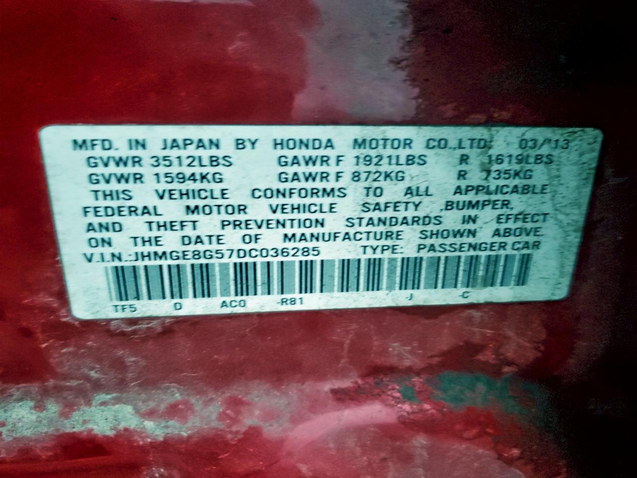 2013 Honda Fit Sport VIN: JHMGE8G57DC036285 Lot: 94291205