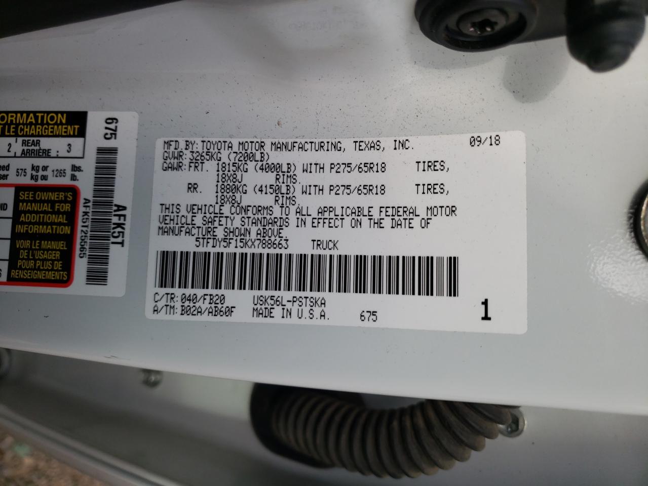 2019 Toyota Tundra Crewmax Sr5 VIN: 5TFDY5F15KX788663 Lot: 90087925