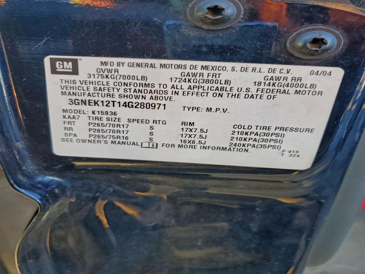 2004 Chevrolet Avalanche K1500 VIN: 3GNEK12T14G280971 Lot: 93613645