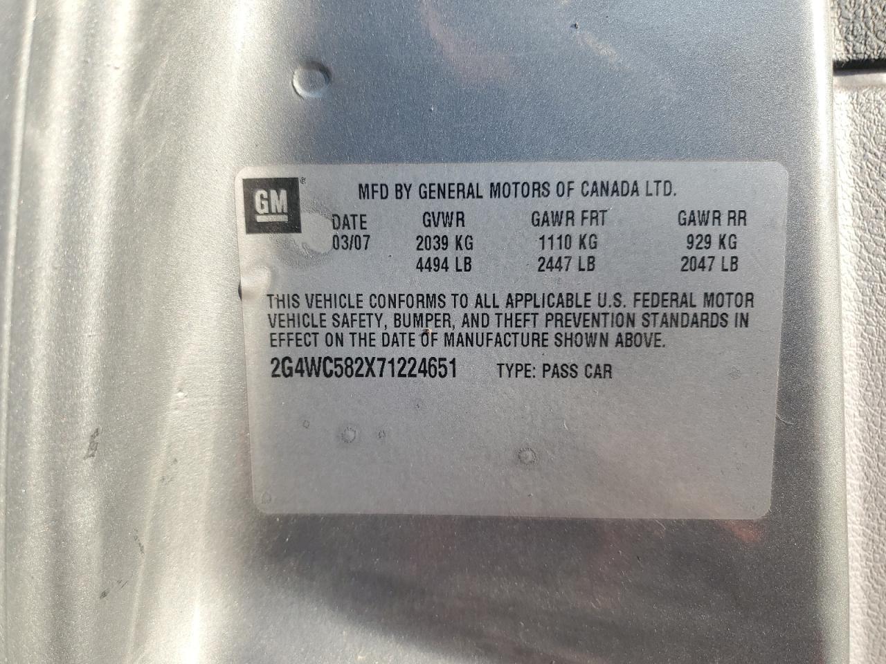 2007 Buick Lacrosse Cx VIN: 2G4WC582X71224651 Lot: 92454165