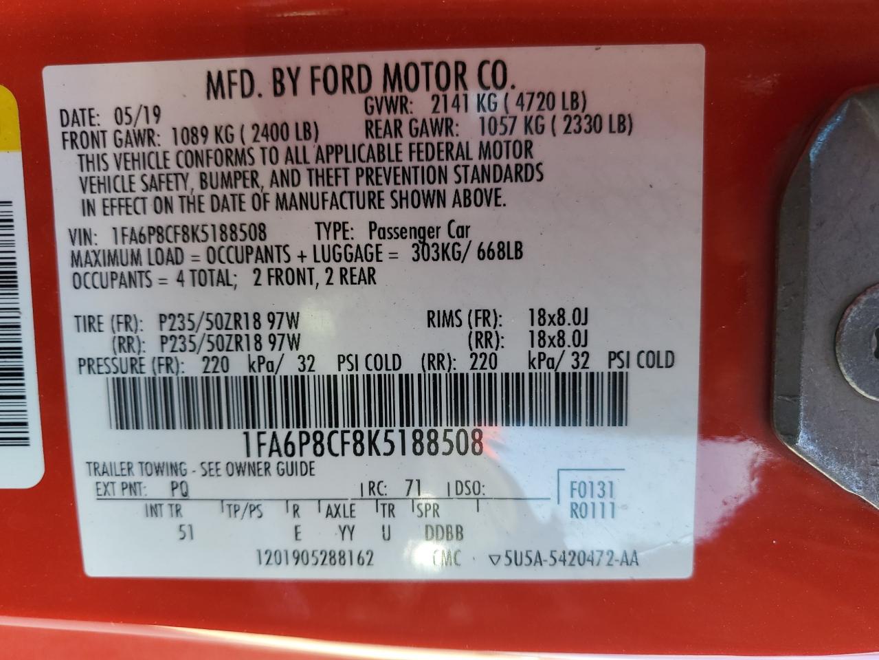 2019 Ford Mustang Gt VIN: 1FA6P8CF8K5188508 Lot: 93215505