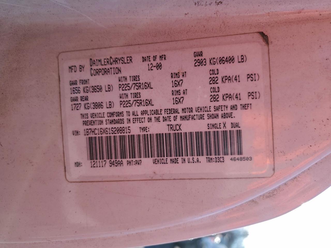 2001 Dodge Ram 1500 VIN: 1B7HC16X61S208815 Lot: 93602225