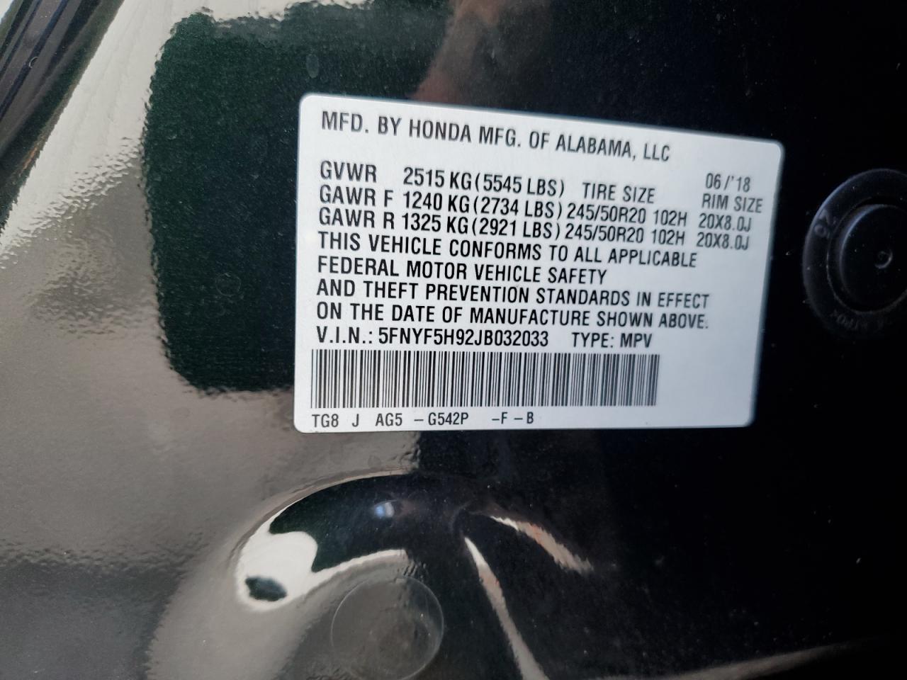 2018 Honda Pilot Touring VIN: 5FNYF5H92JB032033 Lot: 91302845