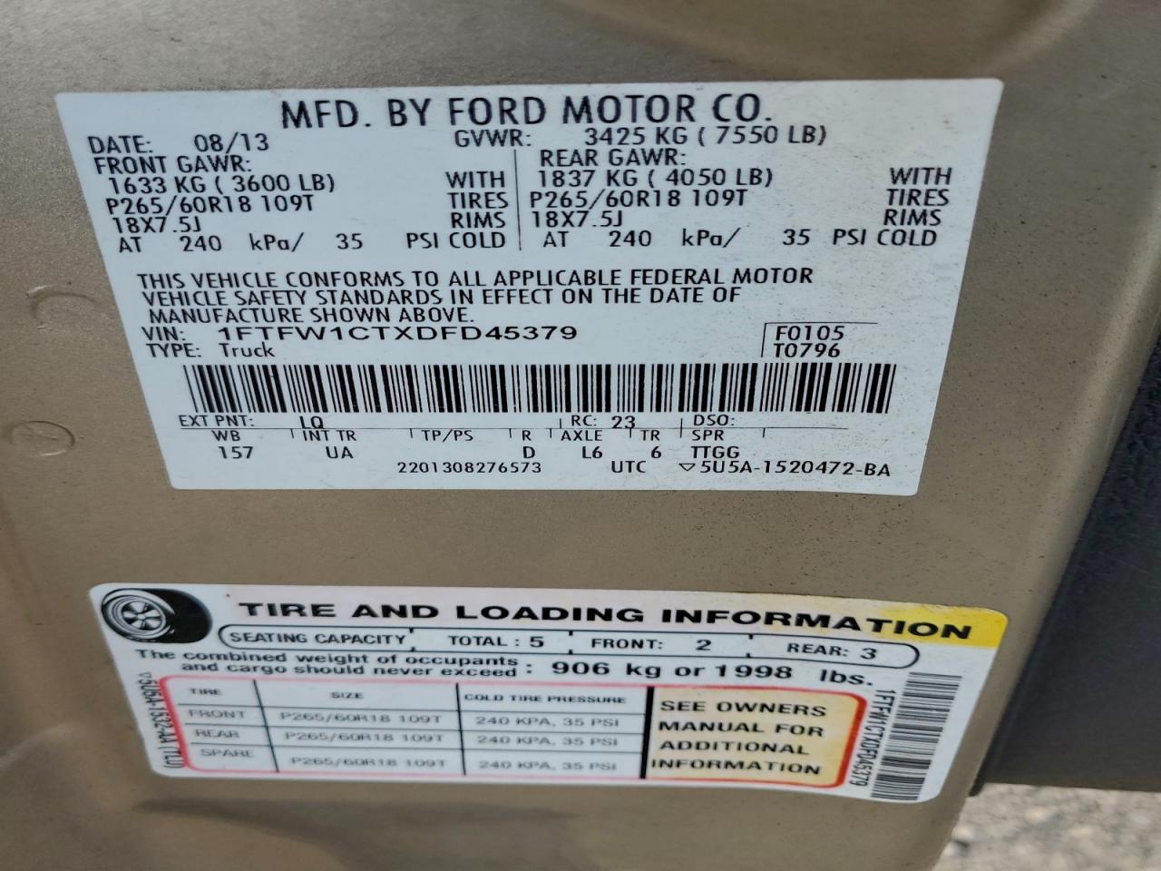 2013 Ford F150 Supercrew VIN: 1FTFW1CTXDFD45379 Lot: 93473185