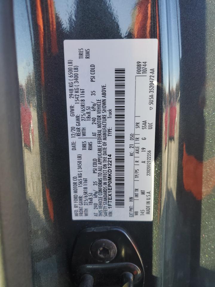 2021 Ford F150 Super Cab VIN: 1FTEX1EP0MKD12214 Lot: 91393185
