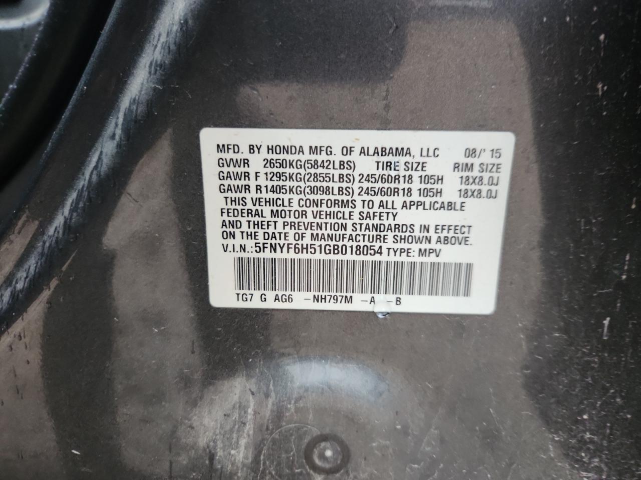 2016 Honda Pilot Exl VIN: 5FNYF6H51GB018054 Lot: 93688885