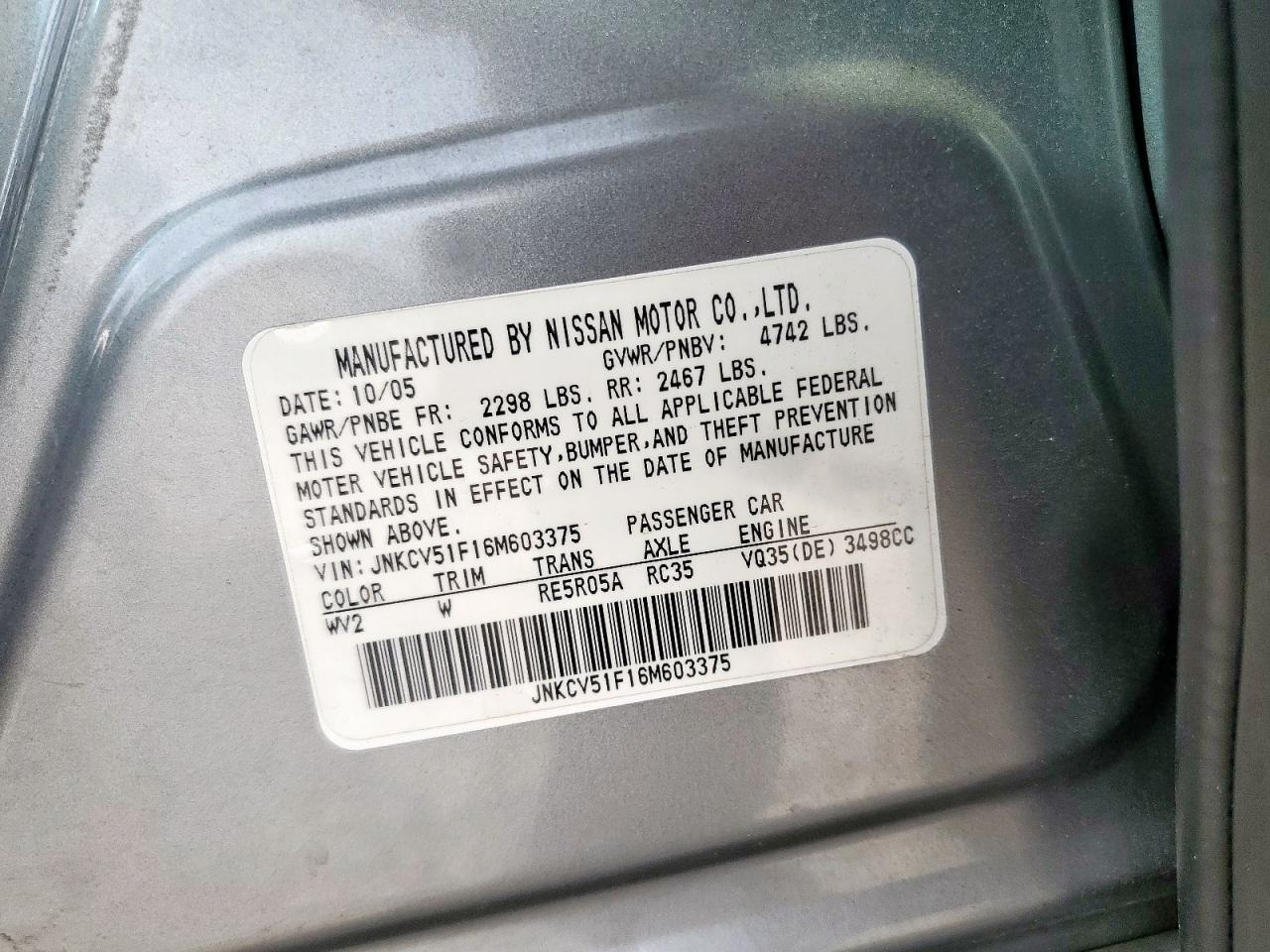 2006 Infiniti G35 VIN: JNKCV51F16M603375 Lot: 93203945