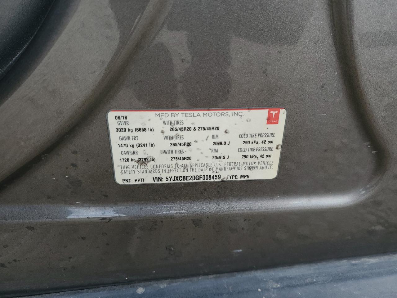 2016 Tesla Model X VIN: 5YJXCBE20GF008459 Lot: 93313065