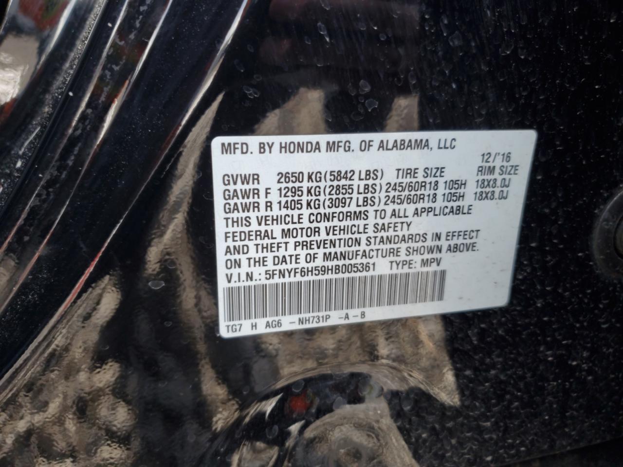 2017 Honda Pilot Exl VIN: 5FNYF6H59HB005361 Lot: 91615235