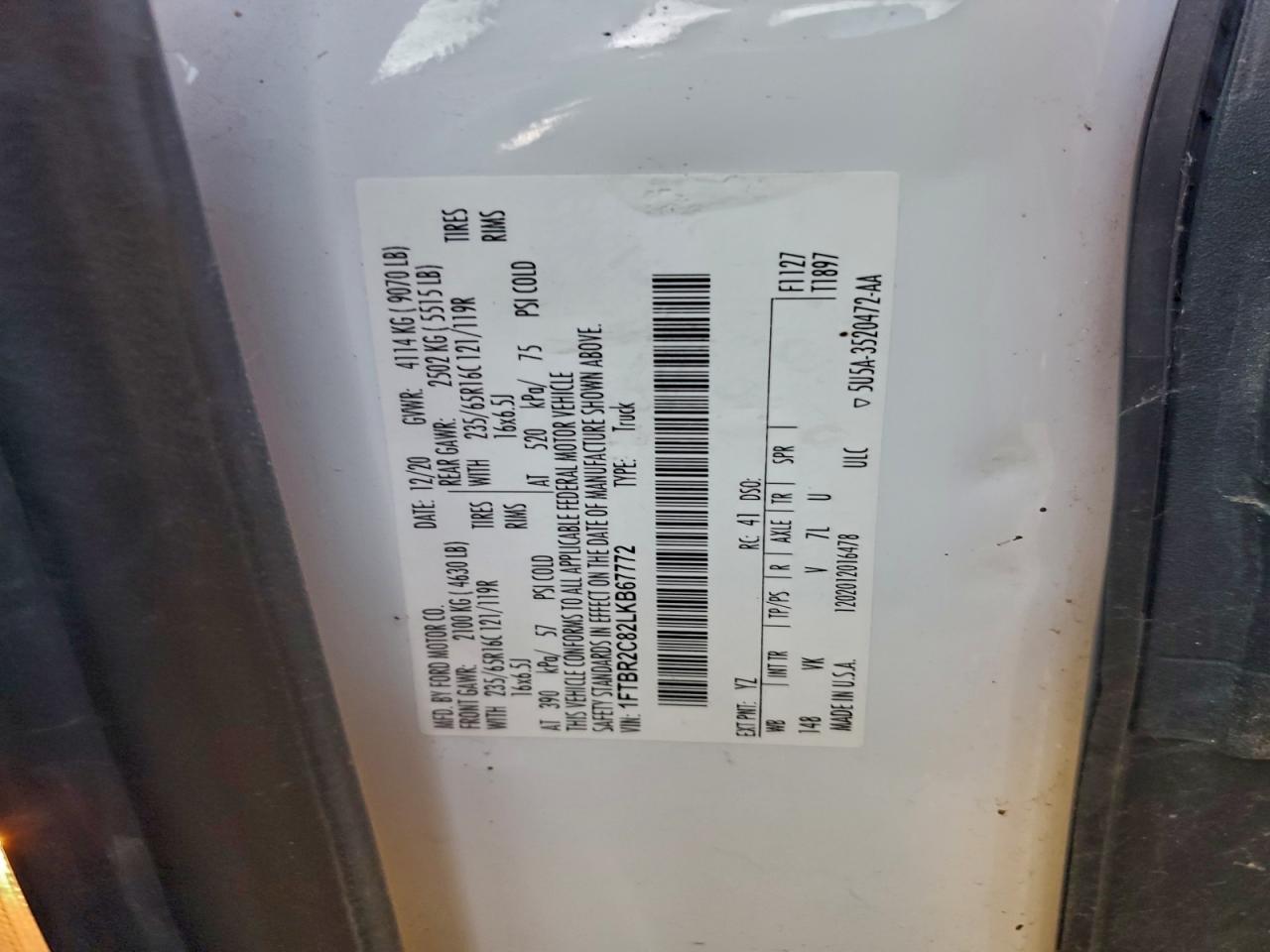 2020 Ford Transit T-250 VIN: 1FTBR2C82LKB67772 Lot: 93858965