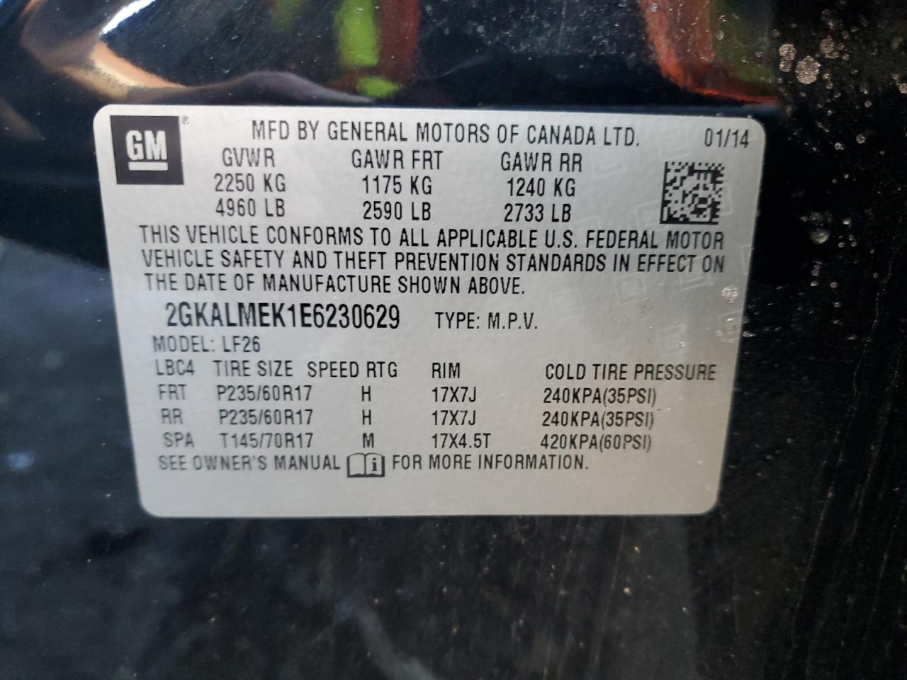 2014 GMC Terrain Sle VIN: 2GKALMEK1E6230629 Lot: 91877895