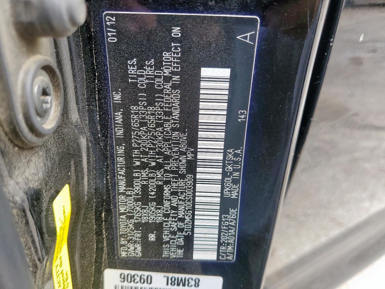 2012 Toyota Sequoia Sr5 VIN: 5TDZM5G10CS003909 Lot: 93138405