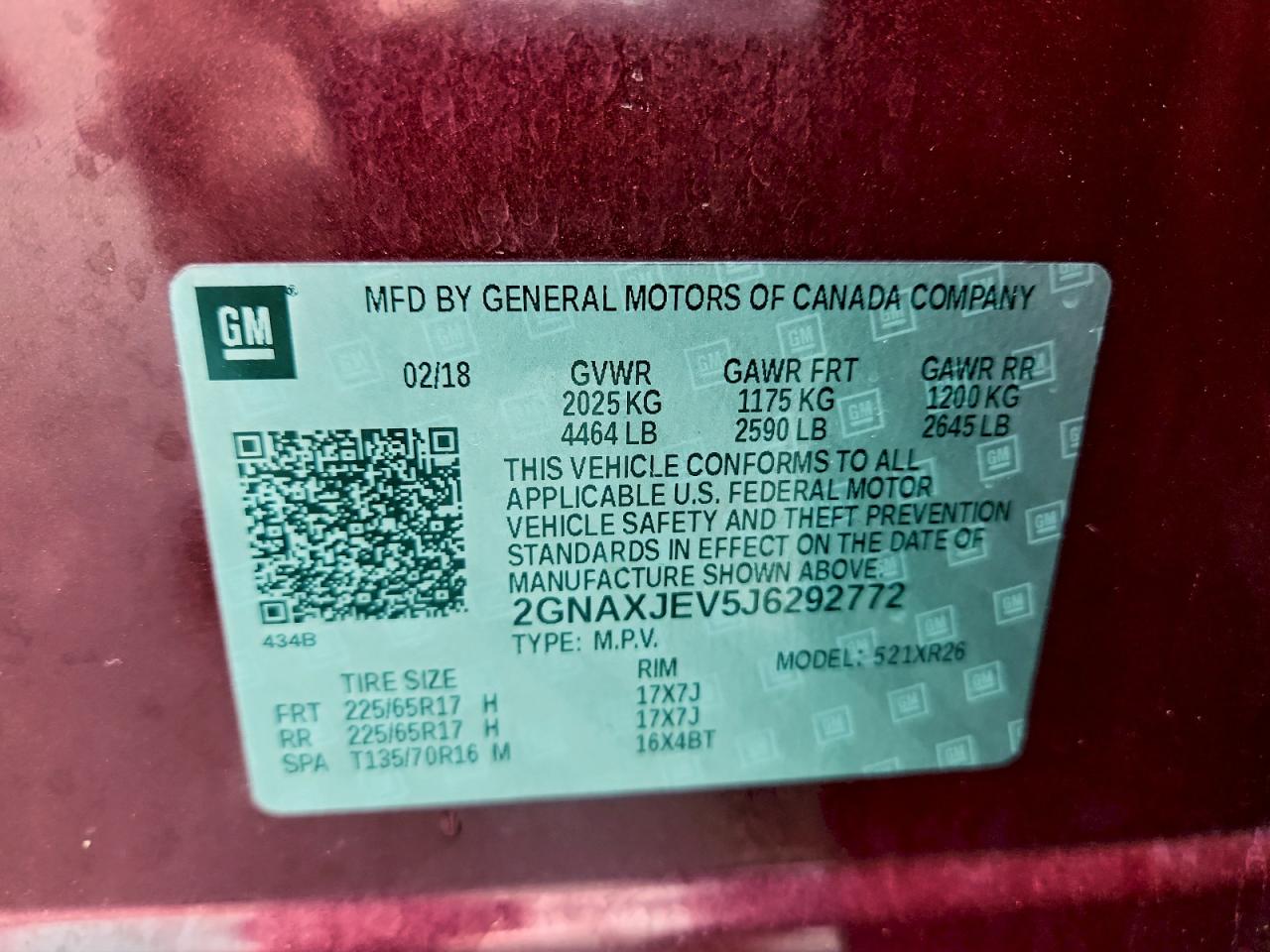 2018 Chevrolet Equinox Lt VIN: 2GNAXJEV5J6292772 Lot: 94282015