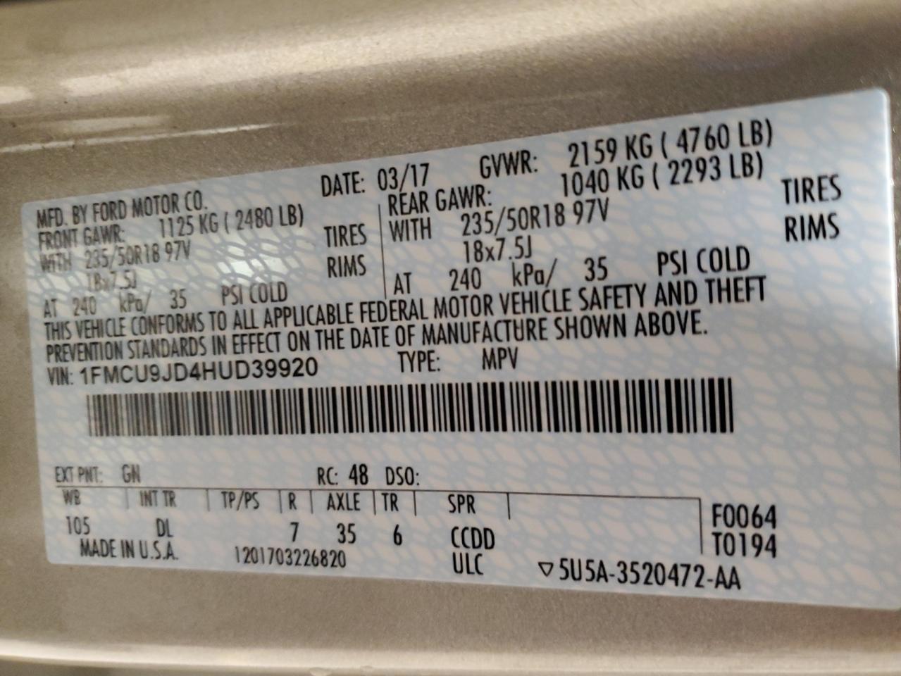 2017 Ford Escape Titanium VIN: 1FMCU9JD4HUD39920 Lot: 93441555