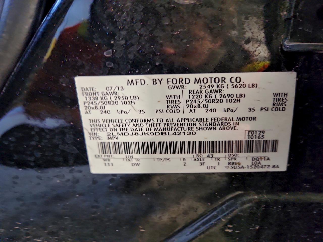 2013 Lincoln Mkx VIN: 2LMDJ8JK9DBL42130 Lot: 94057985