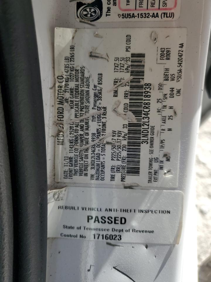 2012 Lincoln Mkz Hybrid VIN: 3LNDL2L34CR818938 Lot: 93038025