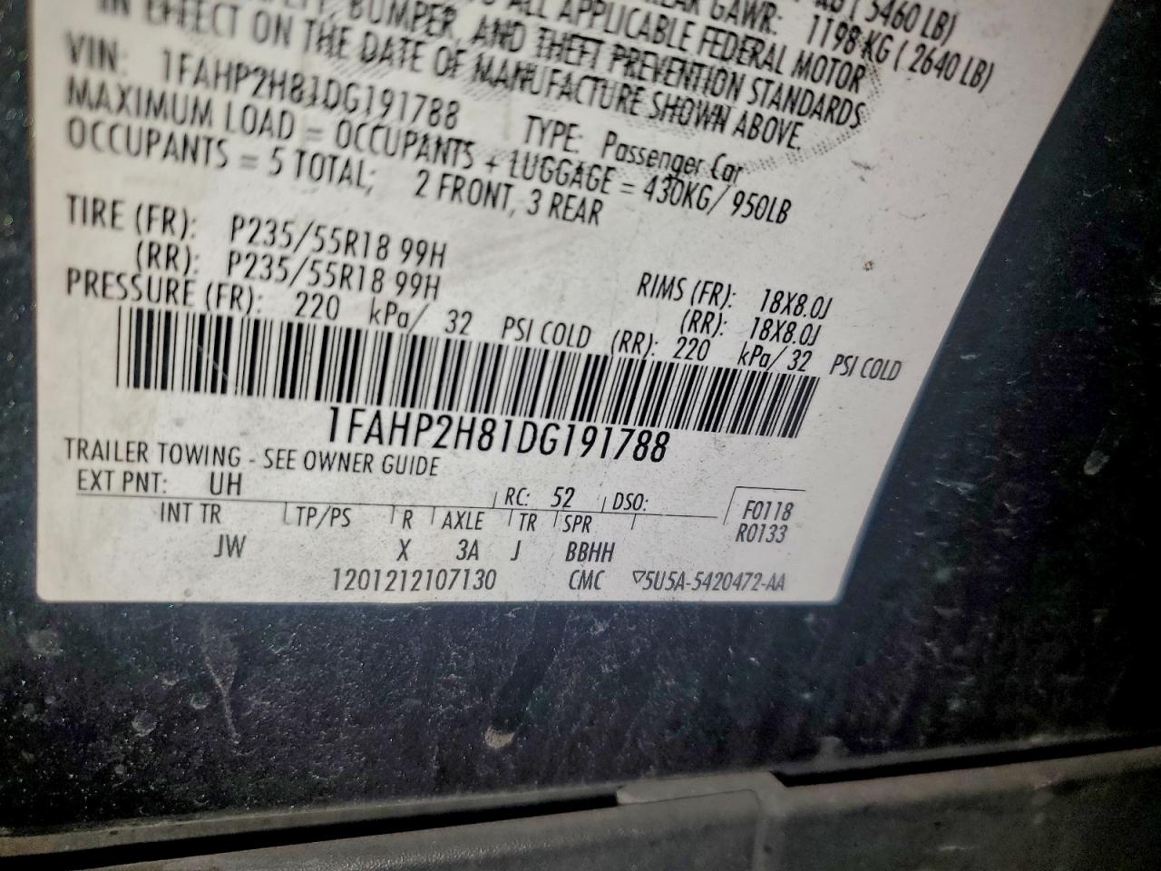 2013 Ford Taurus Sel VIN: 191788 Lot: 95111905