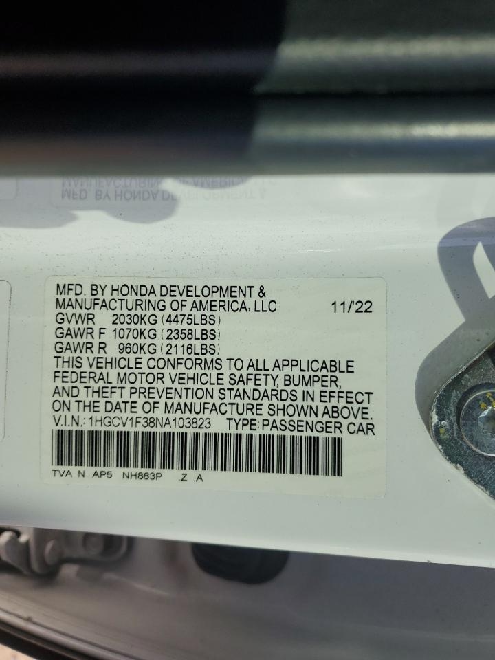 2022 Honda Accord Sport VIN: 1HGCV1F38NA103823 Lot: 91771945