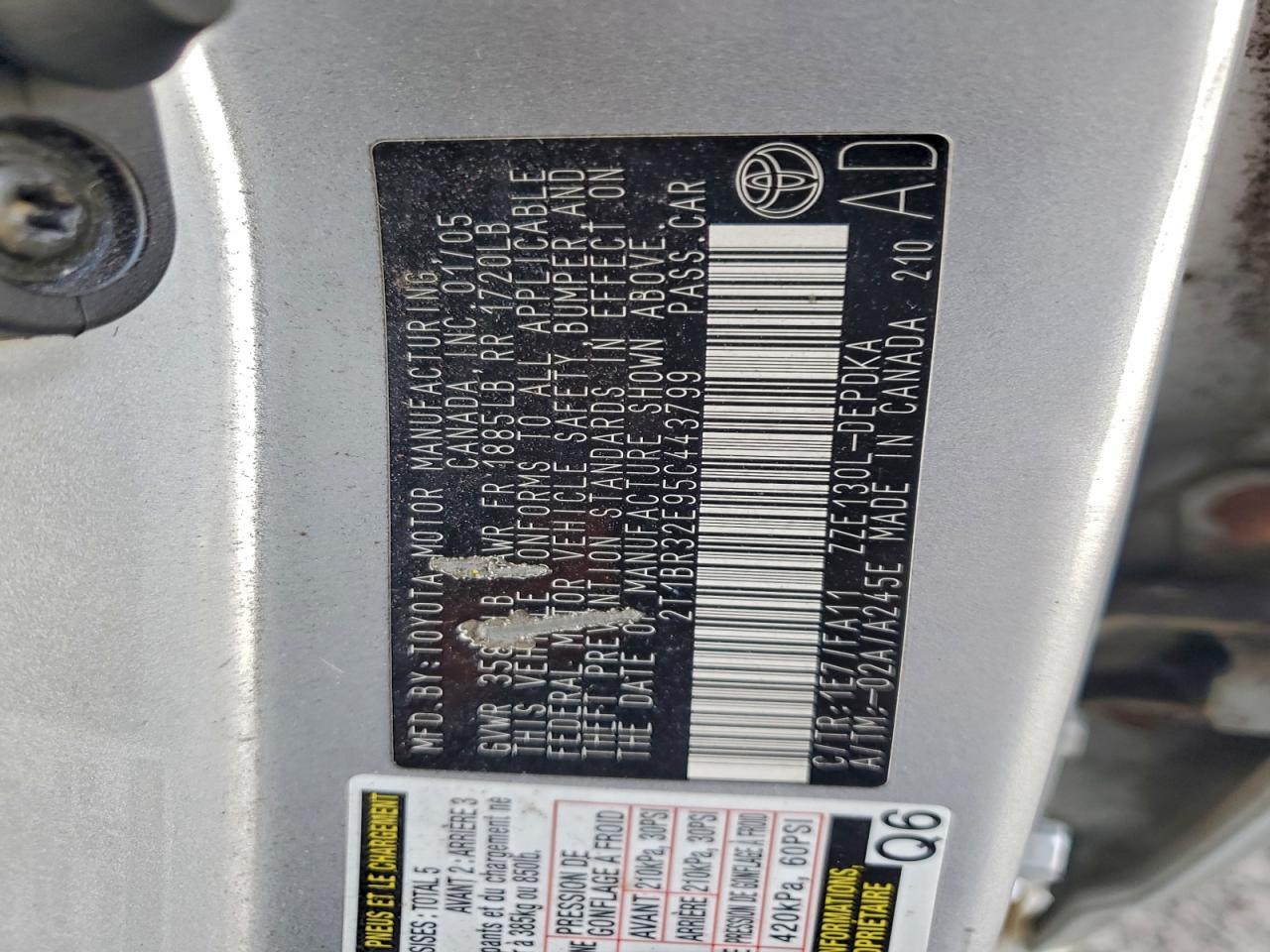 2005 Toyota Corolla Ce VIN: 2T1BR32E95C443799 Lot: 94294365