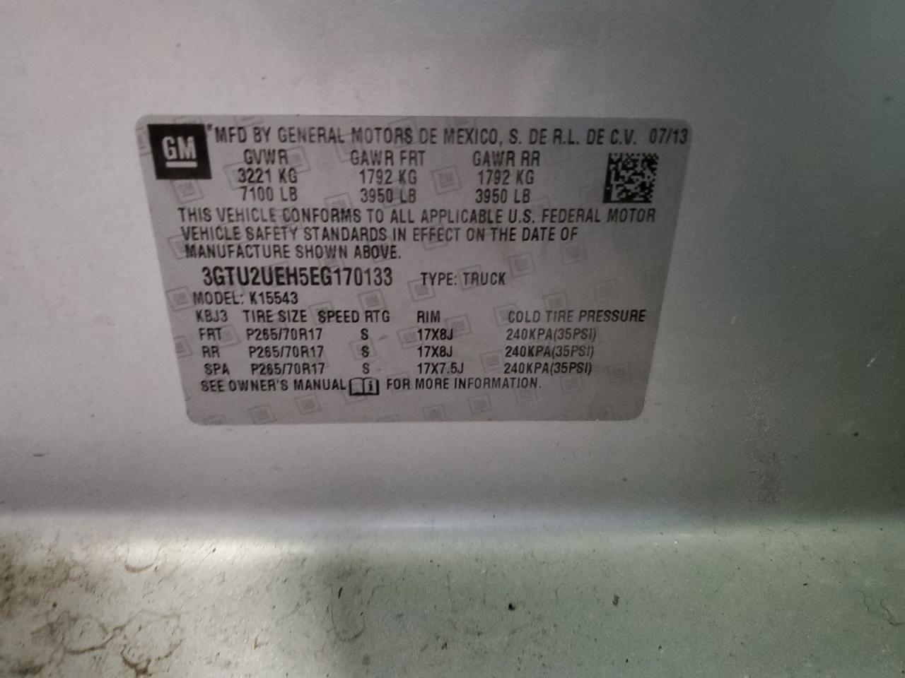 2014 GMC Sierra K1500 Sle VIN: 3GTU2UEH5EG170133 Lot: 91527445