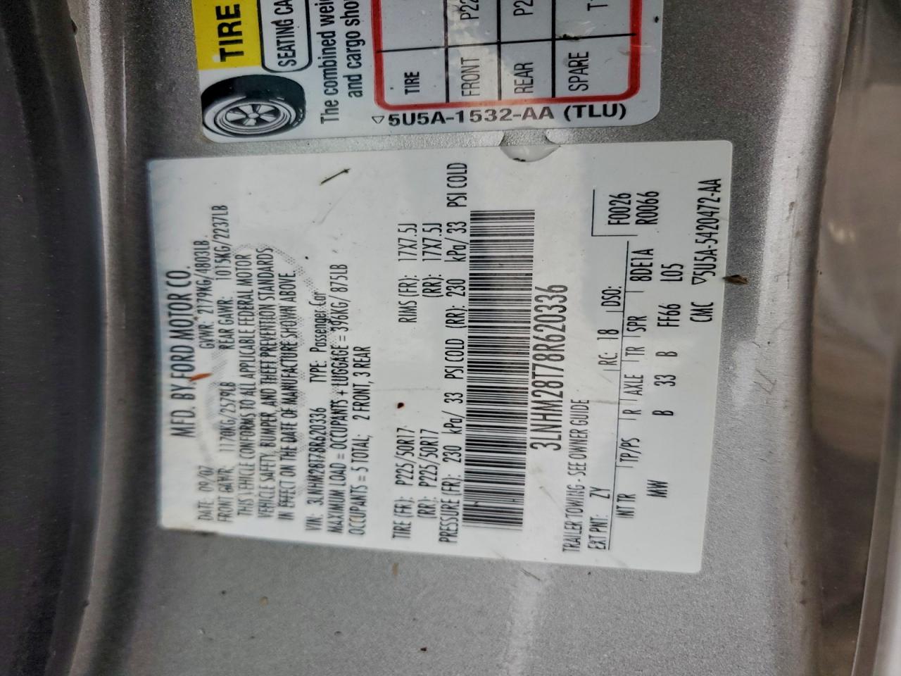 2008 Lincoln Mkz VIN: 3LNHM28T78R620336 Lot: 93613725