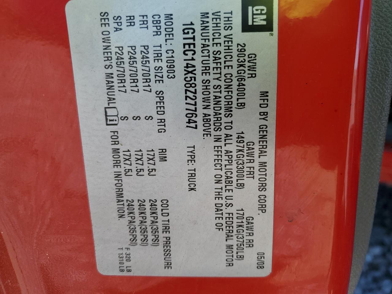 2008 GMC Sierra C1500 VIN: 1GTEC14X58Z277647 Lot: 92473755