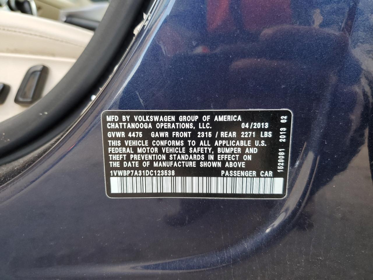 2013 Volkswagen Passat Se VIN: 1VWBP7A31DC123538 Lot: 92095255