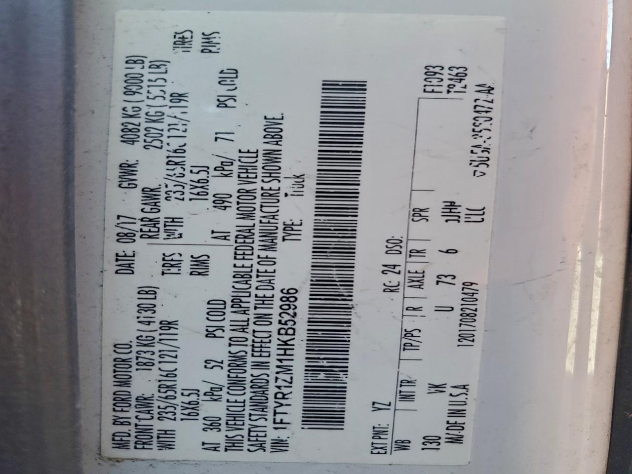 2017 Ford Transit T-250 VIN: 1FTYR1ZM1HKB52986 Lot: 93882695