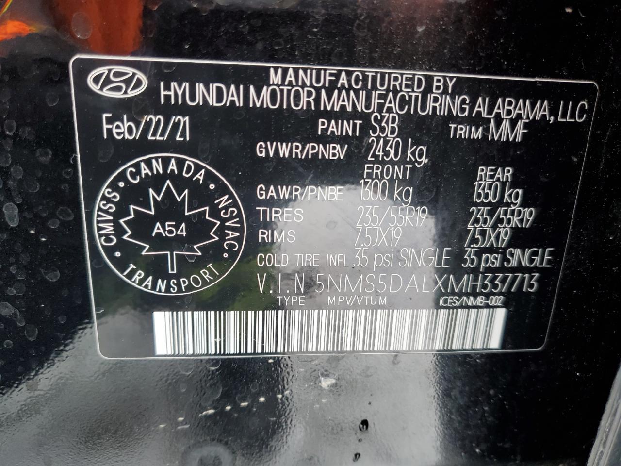 2021 Hyundai Santa Fe Calligraphy VIN: 5NMS5DALXMH337713 Lot: 92724355