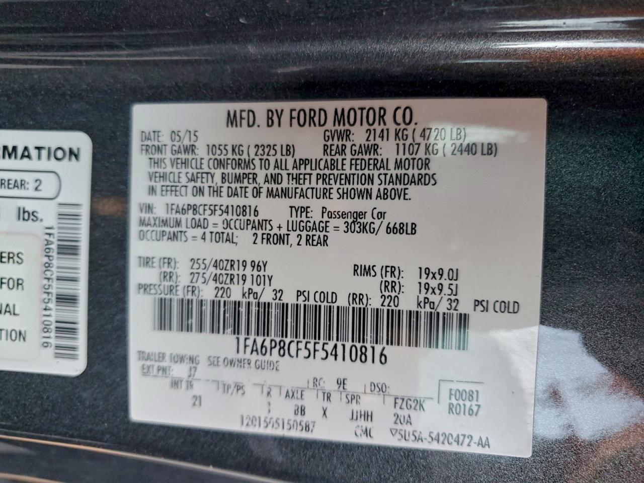 2015 Ford Mustang Gt VIN: 1FA6P8CF5F5410816 Lot: 93513665