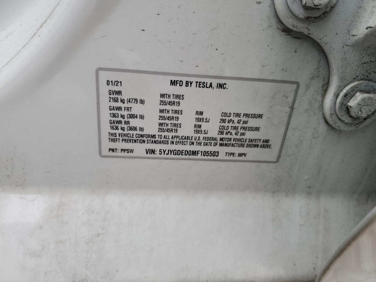 2021 Tesla Model Y VIN: 5YJYGDED0MF105503 Lot: 92629745