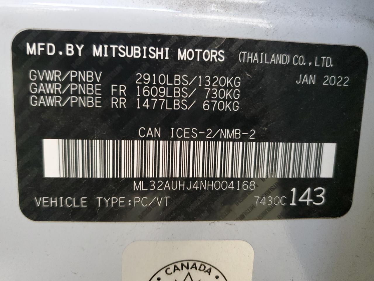2022 Mitsubishi Mirage Es VIN: ML32AUHJ4NH004168 Lot: 91841845