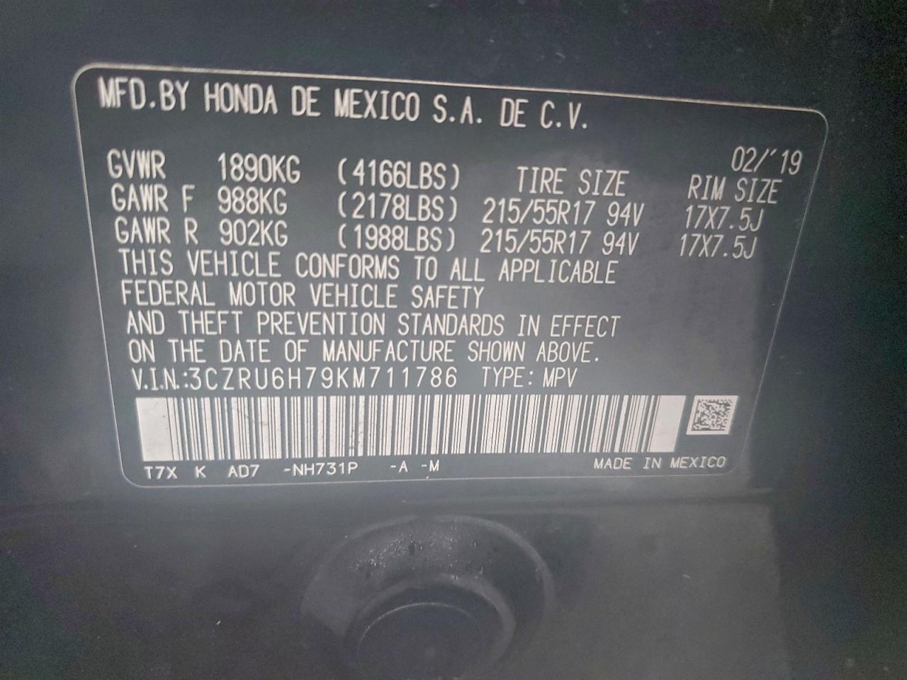 2019 Honda Hr-V Exl VIN: 3CZRU6H79KM711786 Lot: 92859225