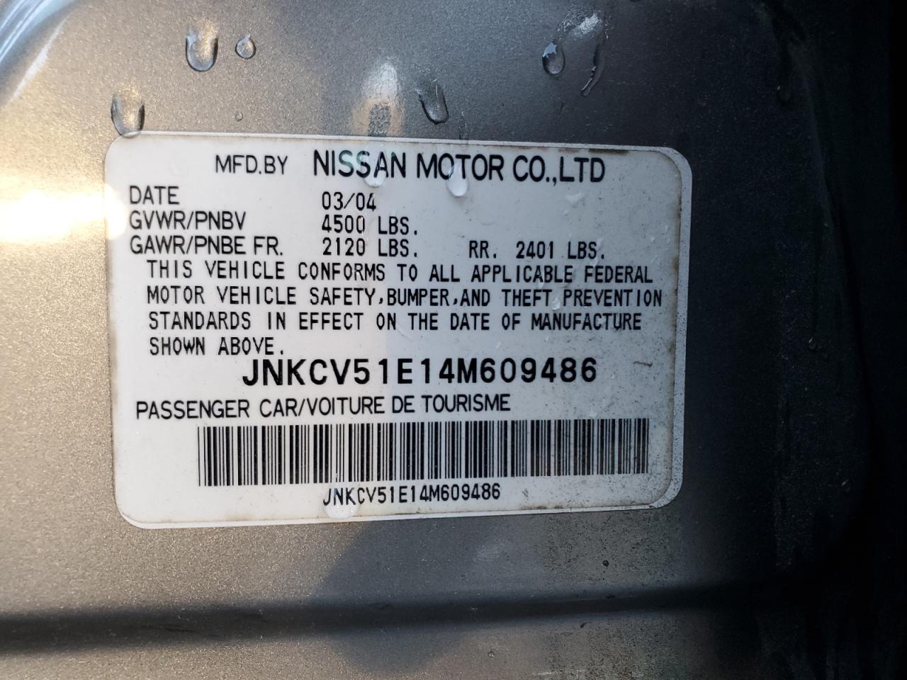 2004 Infiniti G35 VIN: JNKCV51E14M609486 Lot: 93097675