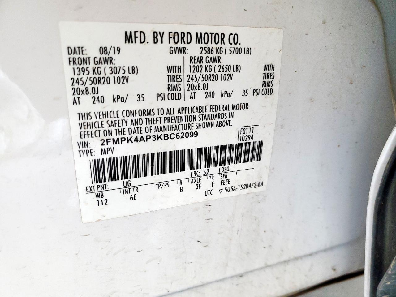 2019 Ford Edge St VIN: 2FMPK4AP3KBC62099 Lot: 91308815