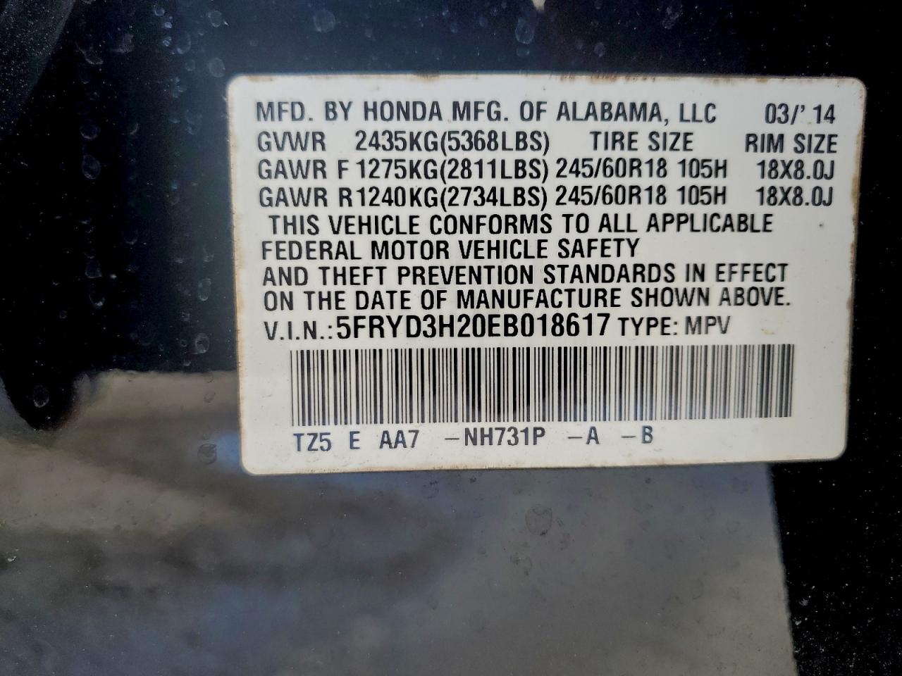 2014 Acura Mdx VIN: 5FRYD3H20EB018617 Lot: 94309195