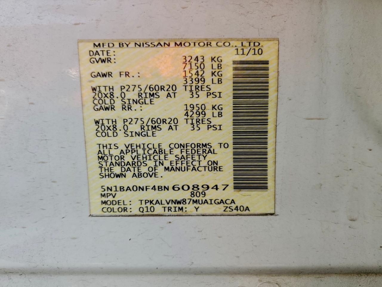 2011 Nissan Armada Platinum VIN: 5N1BA0NF4BN608947 Lot: 93048195