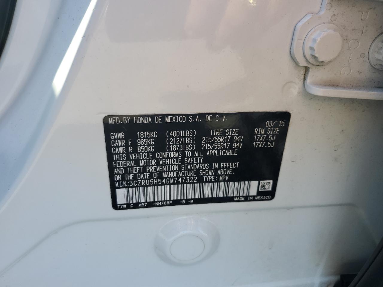 2016 Honda Hr-V Ex VIN: 3CZRU5H54GM747322 Lot: 93114165