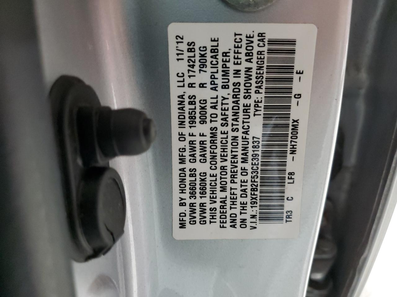 2012 Honda Civic Lx VIN: 19XFB2F53CE391837 Lot: 93554775