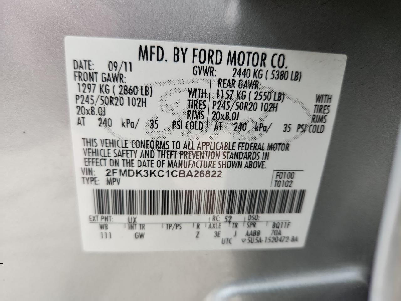 2012 Ford Edge Limited VIN: 2FMDK3KC1CBA26822 Lot: 92384675