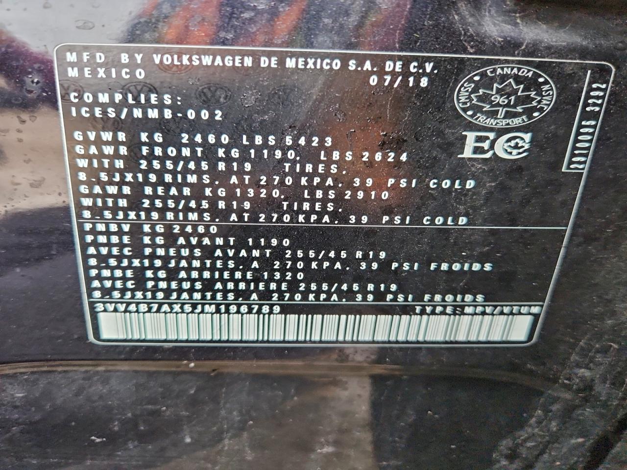 2018 Volkswagen Tiguan Sel Premium VIN: 3VV4B7AX5JM196789 Lot: 93818995