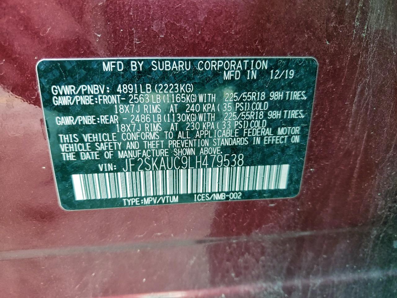 2020 Subaru Forester Limited VIN: JF2SKAUC9LH479538 Lot: 93975295